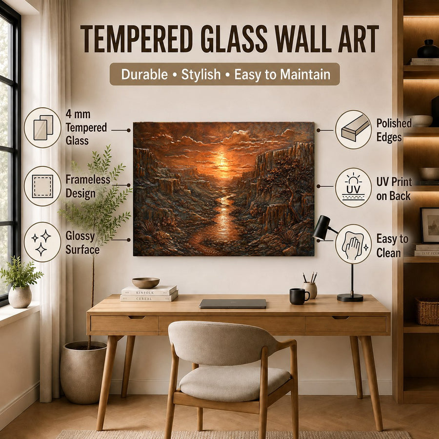 Sleek frameless Copper Canyon glass print mounted on a minimalist concrete wall in a luxury hotel lobby.