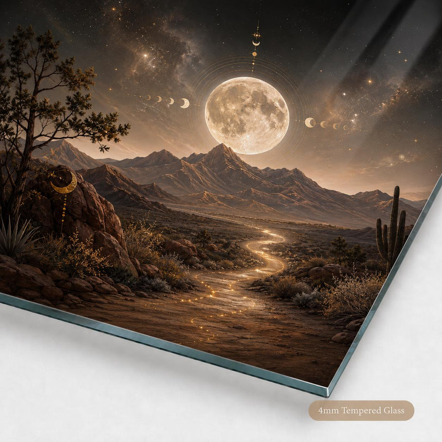 A rectangular glass art print or mirror panel shown at an angle on a white background, featuring a desert landscape with mountains, a winding path, cacti, and a large moon under a starry sky. A small label in the corner reads '4mm Tempered Glass'.