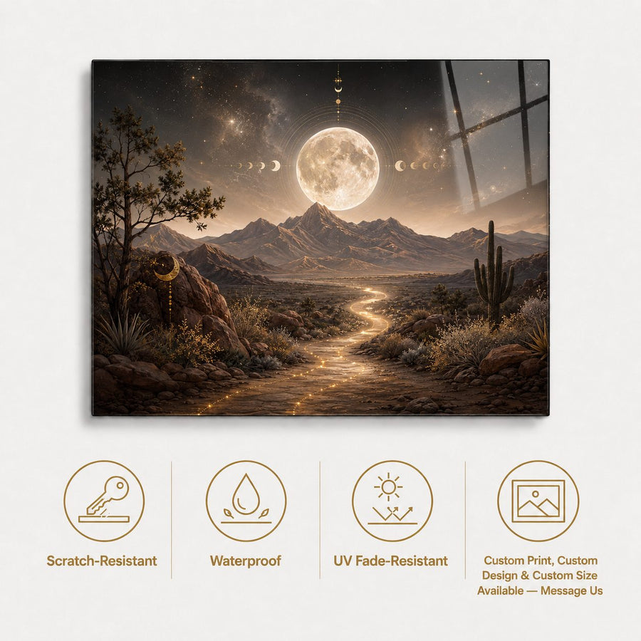 A rectangular wall art print or canvas showing a desert landscape at night with a large moon, mountain range, cactus, and glowing path, displayed on a light background with feature icons below for scratch resistance, waterproofing, UV fade resistance, and custom print options.