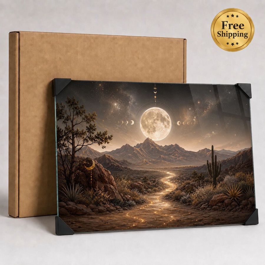 A rectangular glass art print or picture frame with black corner protectors, displaying a desert landscape under a full moon and moon phases, shown in front of a brown cardboard box on a light gray background. A gold 'Free Shipping' badge is in the top right corner.