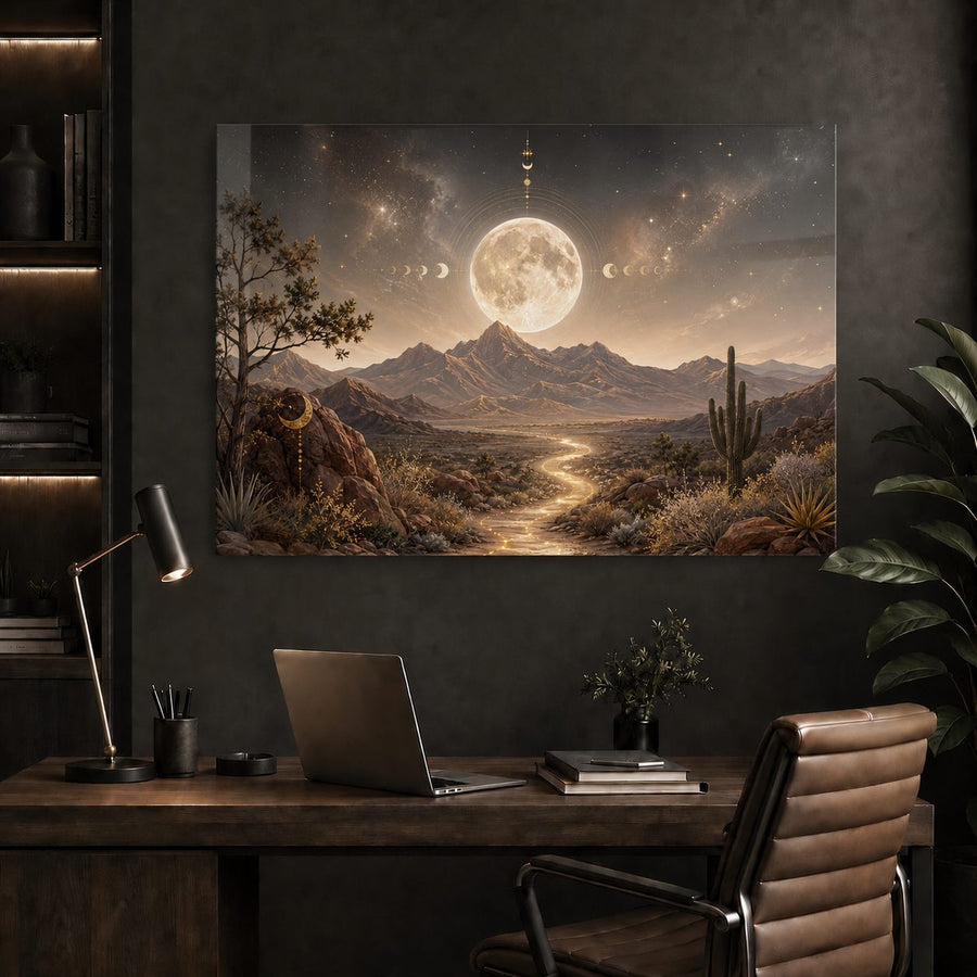 A large rectangular wall art print depicting a desert mountain landscape under a glowing full moon and starry sky, displayed above a dark wood desk in a modern home office setting with a laptop, lamp, chair, and plants.