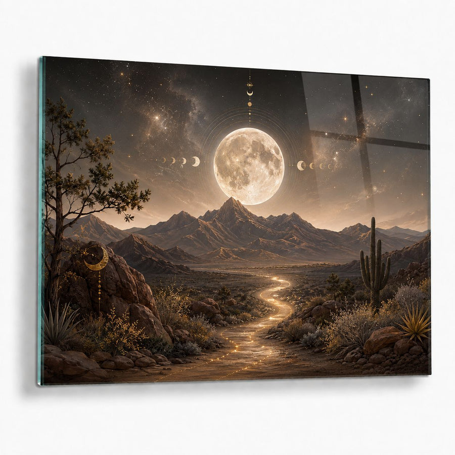 A rectangular wall art print or panel showing a desert landscape with mountains, a winding glowing path, cacti, and a large moon with phase rings in the sky. The artwork is photographed against a plain light background with a slight shadow.