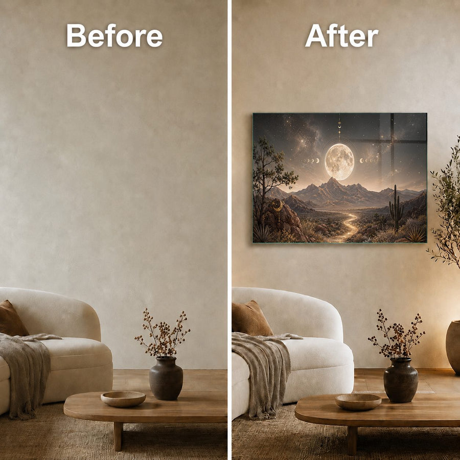 Before and after comparison showing a framed wall art print hanging above a sofa in a living room. The left side shows a plain beige wall labeled 'Before,' and the right side shows the same wall with the artwork installed, labeled 'After.