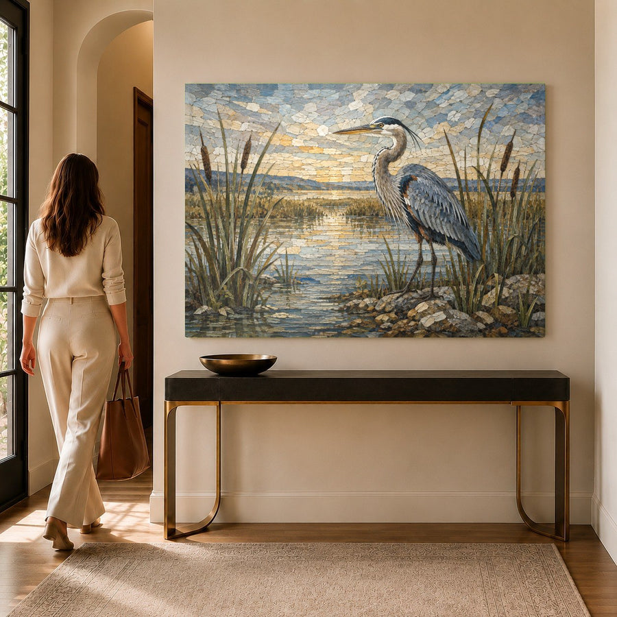 Close-up of the glossy, scratch-resistant tempered glass print showing a detailed heron in a tranquil wetland.