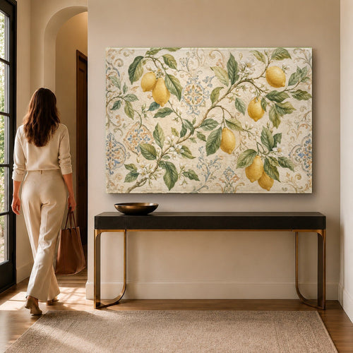 Bright lemon glass wall art hanging in a modern white kitchen above a marble countertop.