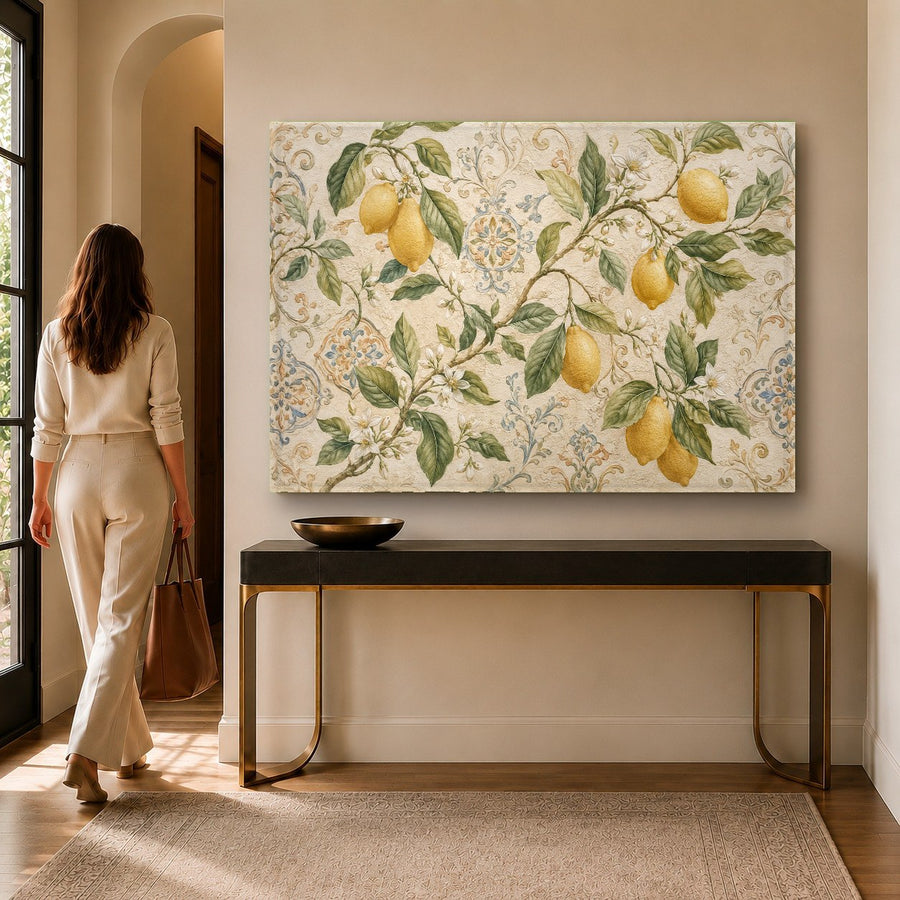 Citrus tempered glass print adding a vibrant touch of yellow to a rustic farmhouse dining room.
