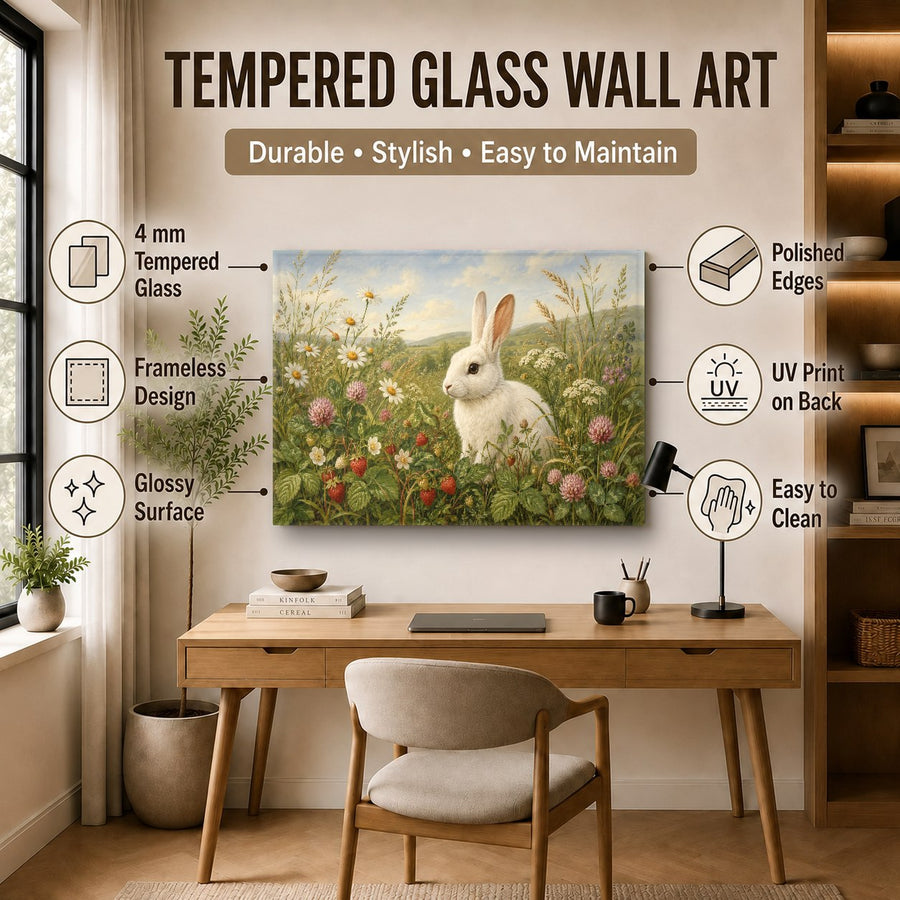 Charming white rabbit glass print featured in a chic boutique hotel hallway