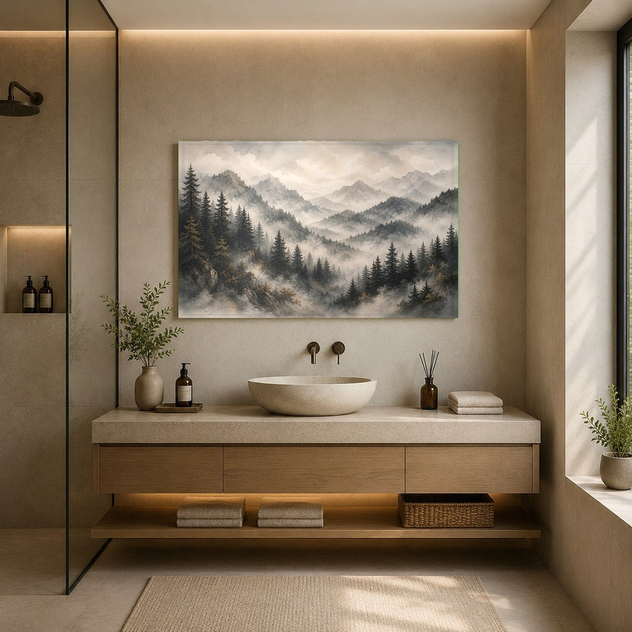 Side angle of a large-format forest glass wall art piece showing the sleek aluminum float frame mounting.