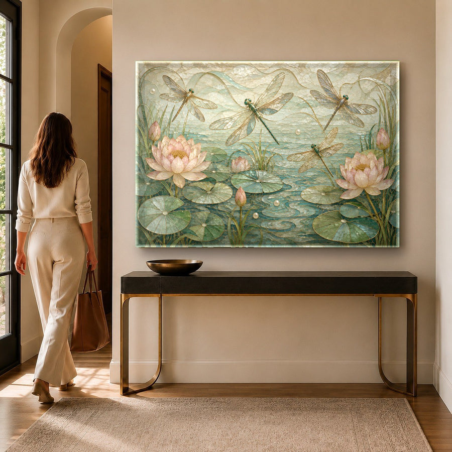Close-up of a dragonfly glass print showing the high-gloss finish in a luxury bedroom setting.