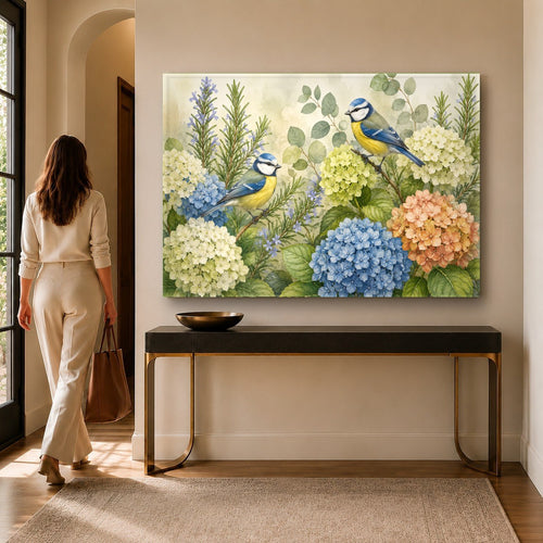 Song birds glass wall art hanging above a modern living room sofa