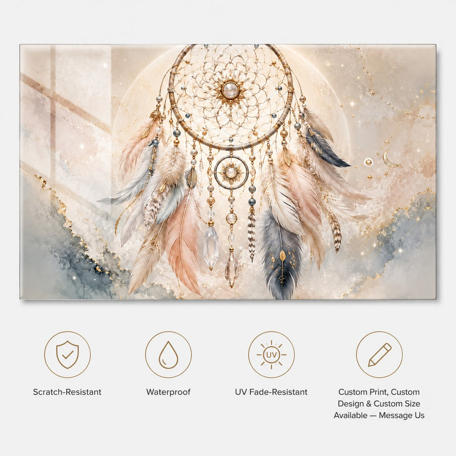 A rectangular wall art print featuring a dreamcatcher with soft blush, beige, gray, and gold tones on a light abstract background. Below the artwork are four feature icons and text reading Scratch-Resistant, Waterproof, UV Fade-Resistant, and Custom Print, Custom Design, and Custom Size Available — Message Us.