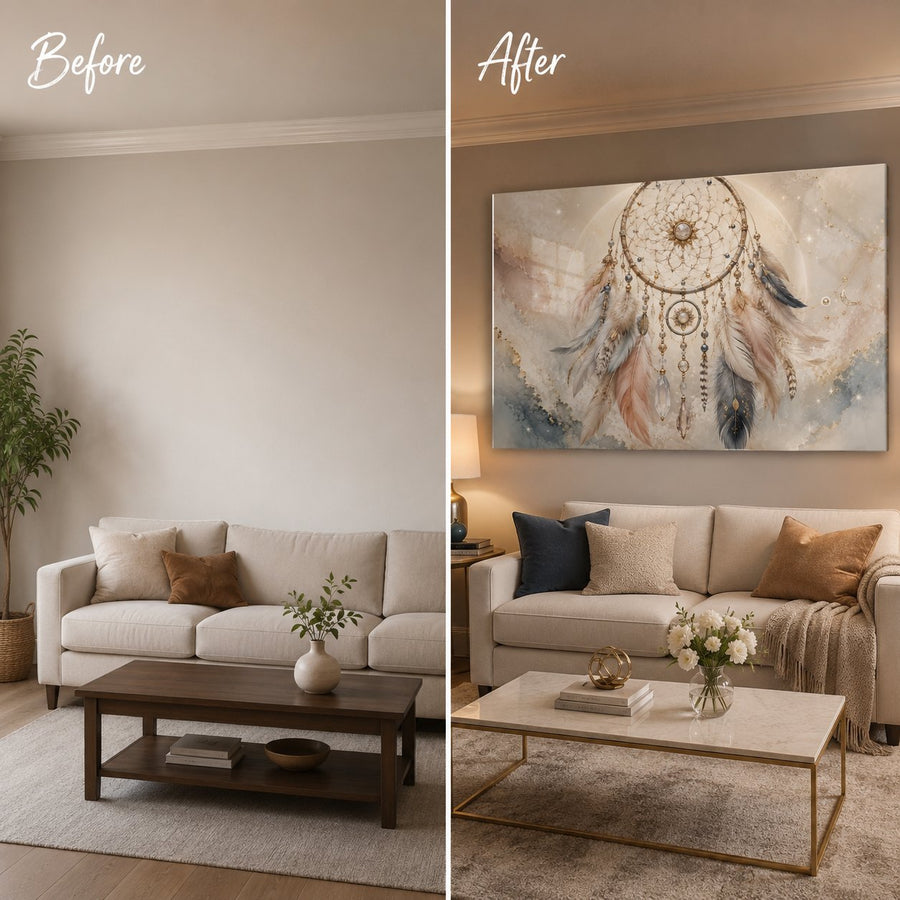 A side-by-side before and after living room scene showing a large abstract dreamcatcher wall art piece hanging above a beige sofa. The left 'Before' panel shows an empty wall and sparse room; the right 'After' panel shows the artwork styled in a warm, modern living room.