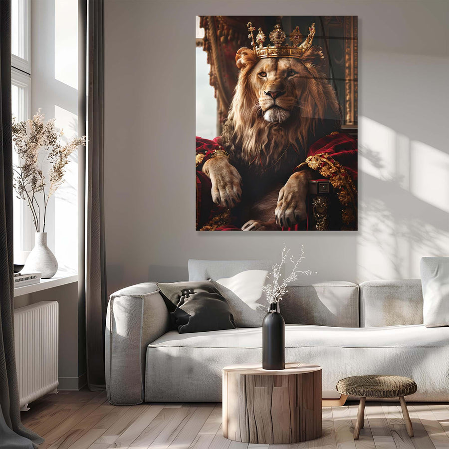 Living room with a large painting of a lion wearing a crown on the wall.
