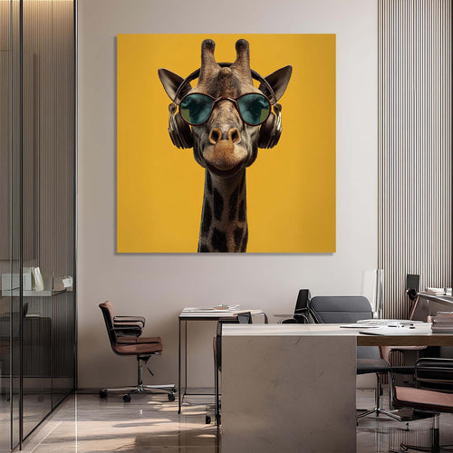 Giraffe wearing sunglasses and headphones on a mustard yellow background