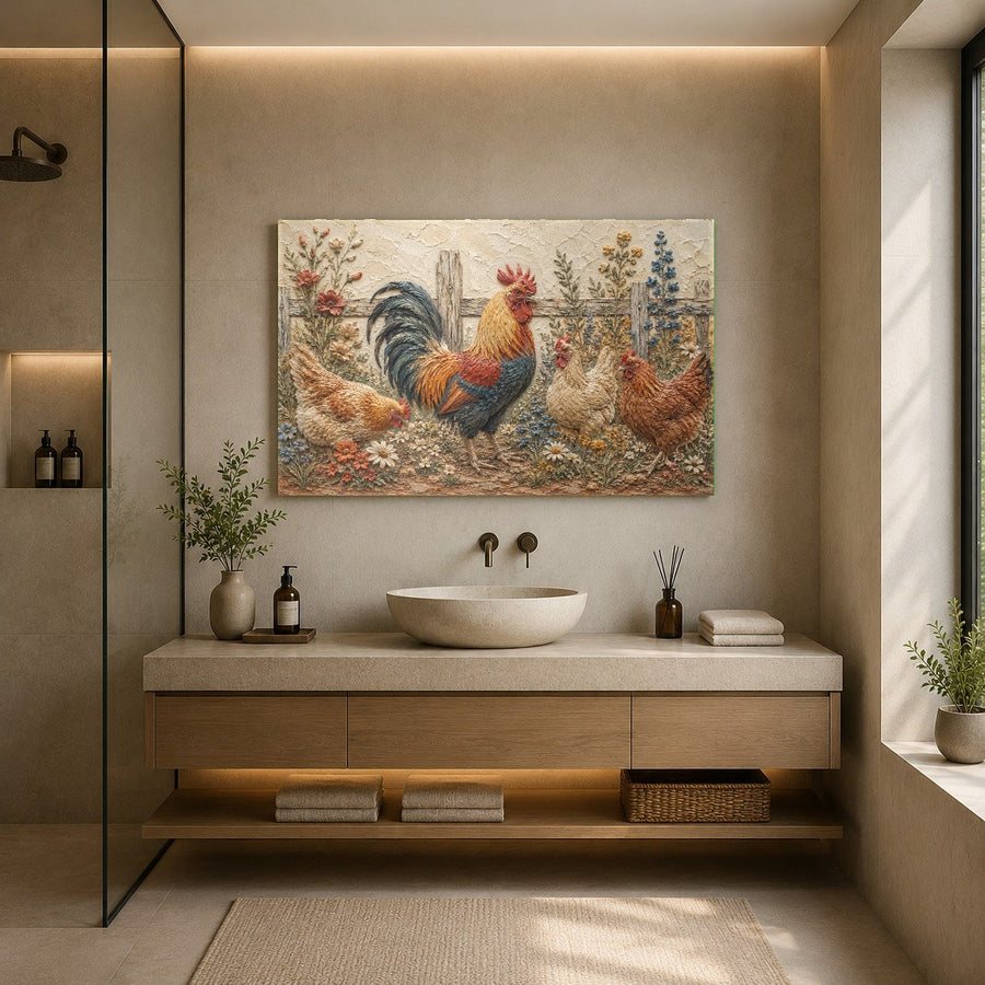 Large rooster glass print showcased in a stylish rustic apartment setting