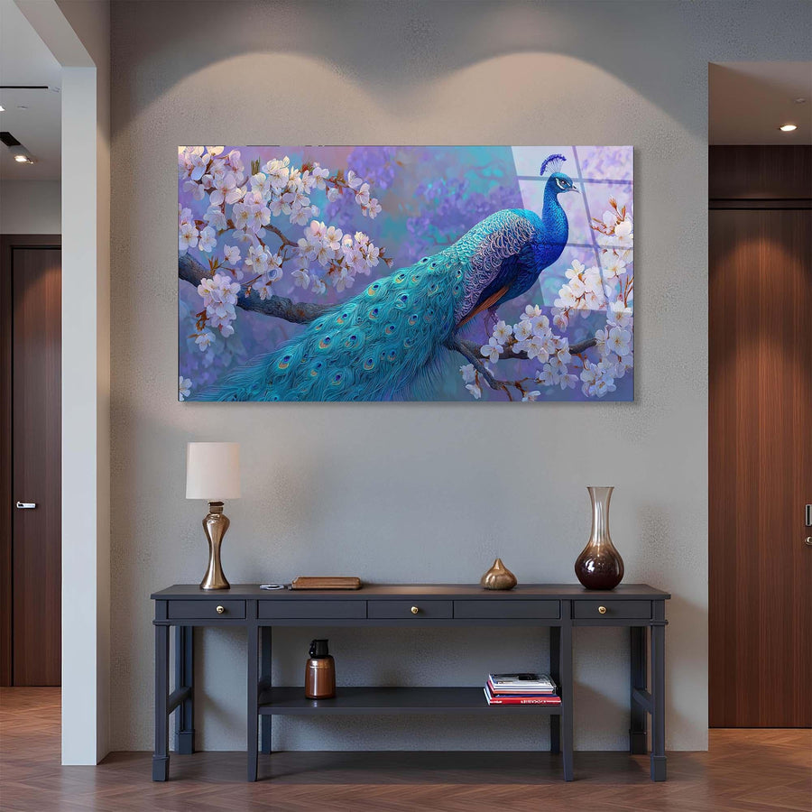 Peacock Blossom Tempered Glass Wall Art | Elegant Nature Decor