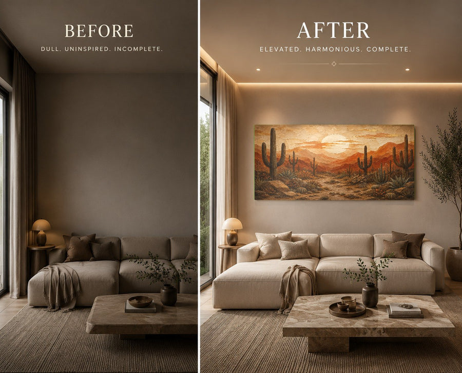 A large Desert Sunset Tempered Glass Print creating a focal point in a sleek, contemporary corporate office lobby.