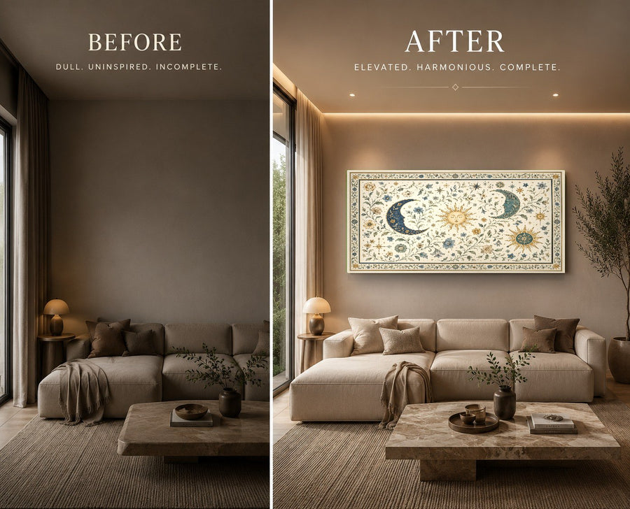 Large celestial glass wall art showcased in a sophisticated minimalist living room