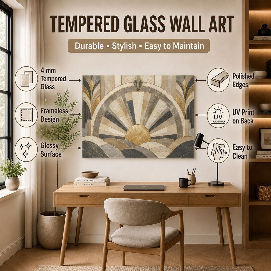 Frameless Abstract Gold glass wall decor styling a chic, neutral-toned dining room with metallic accents.
