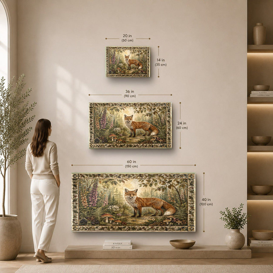 Angled view of the Fox Forest glass art in a contemporary dining room, highlighting its glossy, reflective surface.