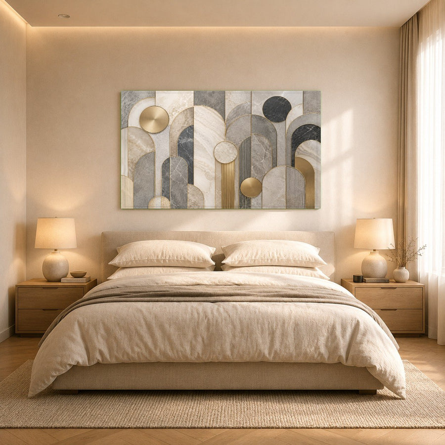 Angled view of a large-format marble arches glass print creating a luxurious focal point in a master suite.