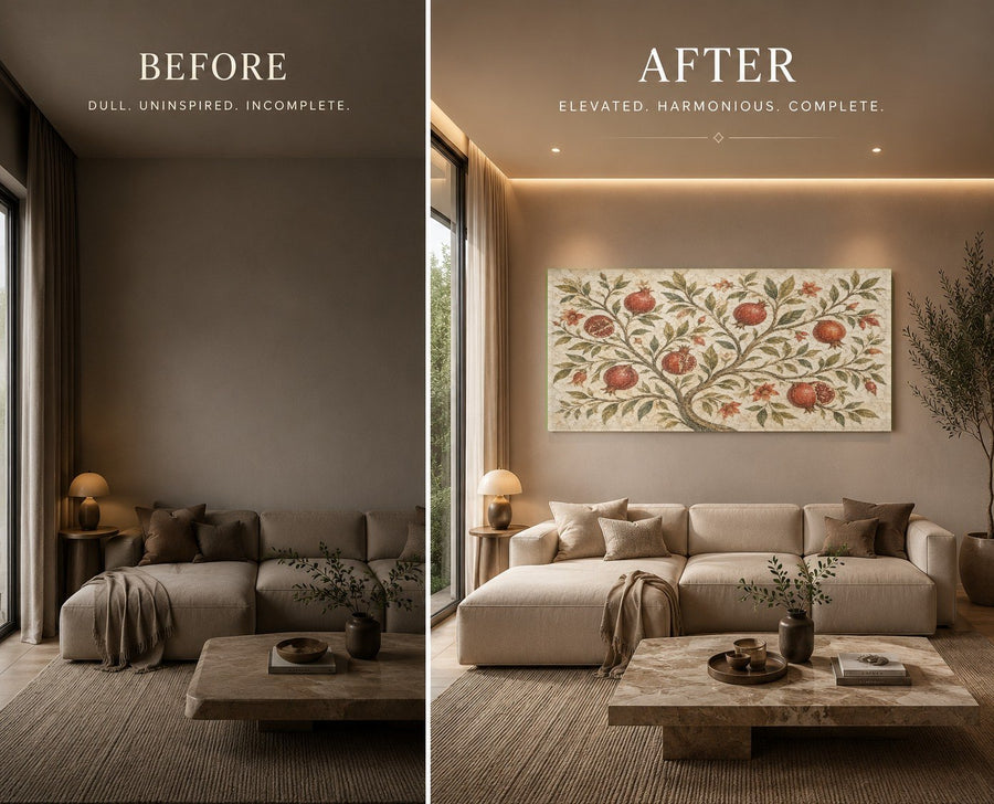 The Pomegranate Garden glass wall art displayed above a dark wood sideboard in an elegant hallway.