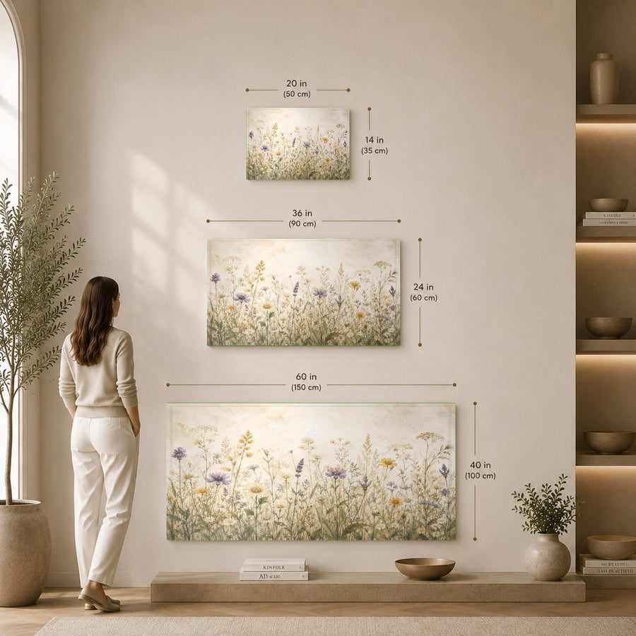 Frameless botanical glass wall hanging positioned above a white queen bed with linen sheets.