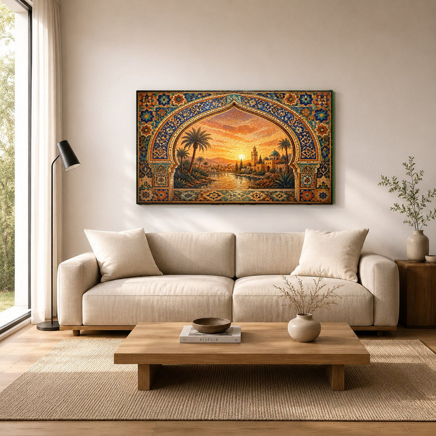 Elegant hotel lobby lounge decorated with a large-format Sunset Oasis glass print on a wood-paneled wall.