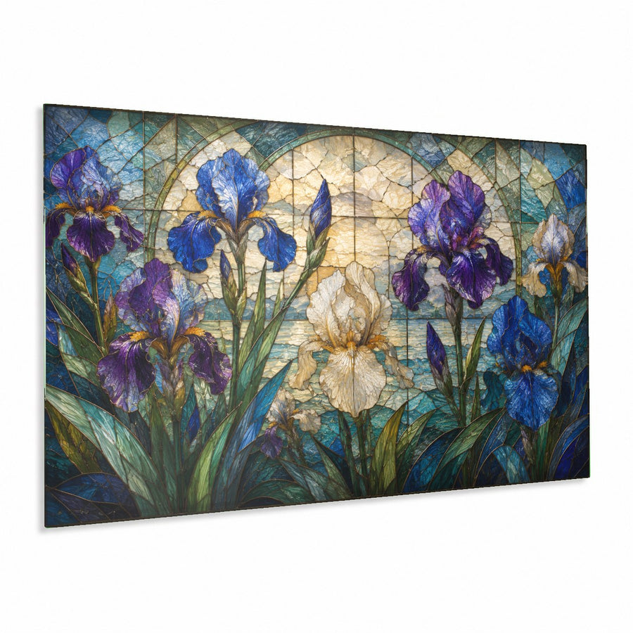 A modern living room featuring the Iris Garden glass wall art mounted above a neutral beige sofa.