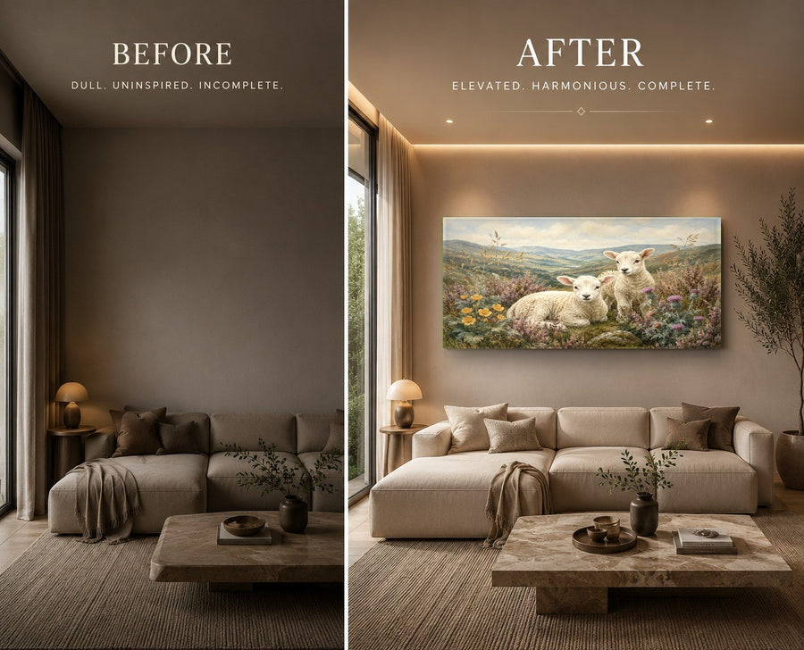 Charming lamb glass wall art displayed in a modern country kitchen with warm lighting