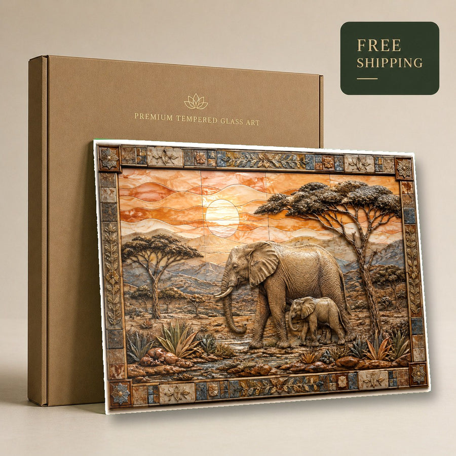 Elephant family nature wall art hanging in a bright hallway with warm accent lighting