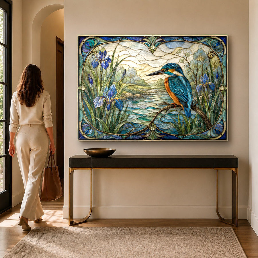 Scenic bird and river tempered glass print hanging in a serene neutral bedroom above the headboard