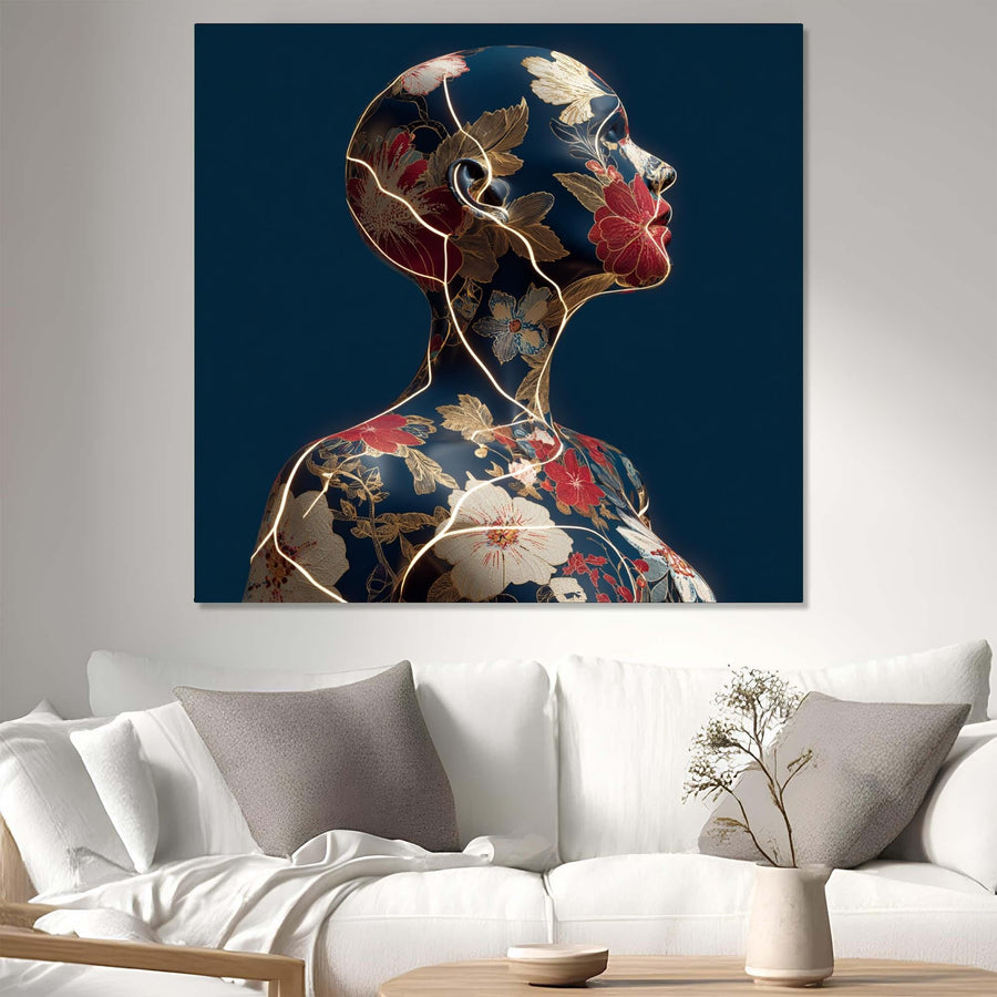Decorative wall art of a stylized woman's profile with floral patterns in a living room.
