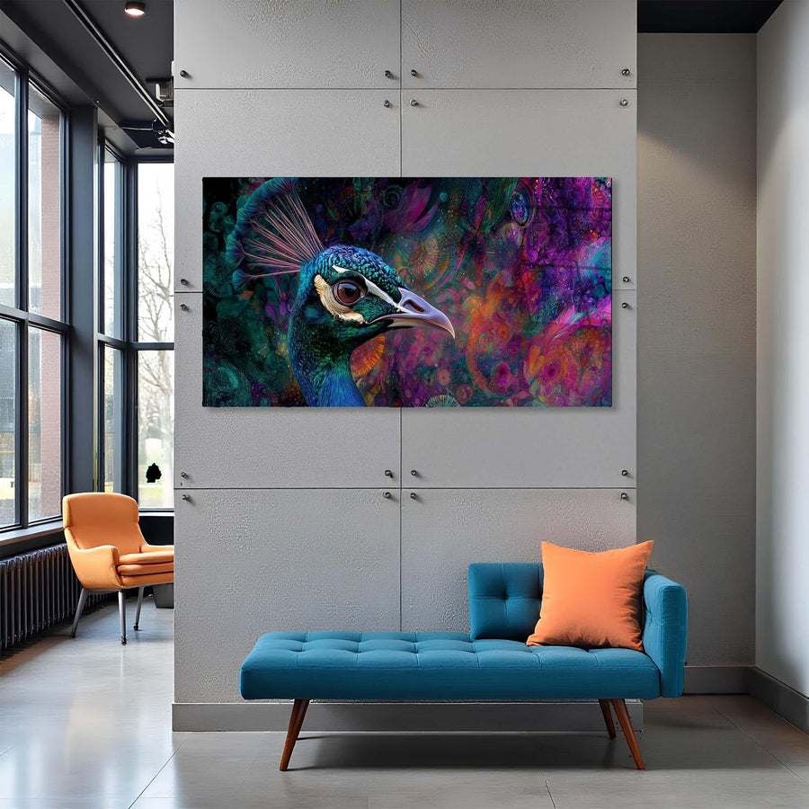 Modern interior with a colorful peacock painting on a wall above a blue bench and orange chair.