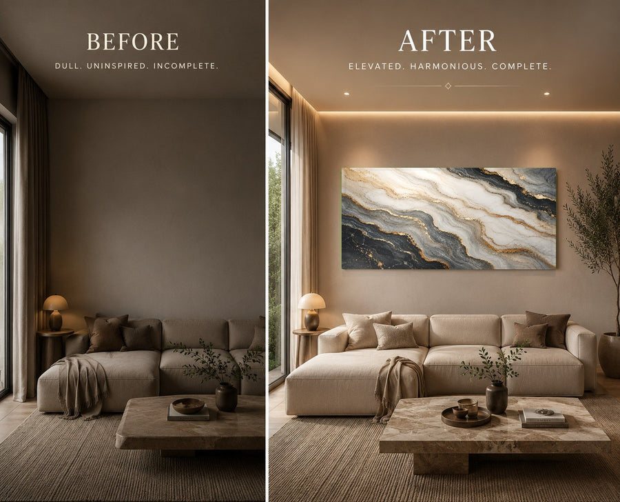 Close-up of the high-gloss Marble Flow glass wall art reflecting soft ambient light in a contemporary bedroom.
