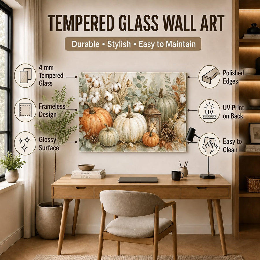 An elegant autumn pumpkin tempered glass art panel mounted above a dining room buffet table.