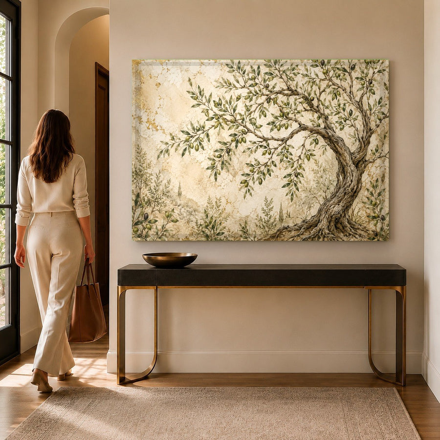 Close-up of the Olive Fresco tempered glass print highlighting the detailed green leaves and textured background.