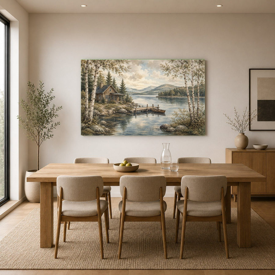 Bright, airy hallway showcasing a beautiful misty lake landscape printed on premium tempered glass.