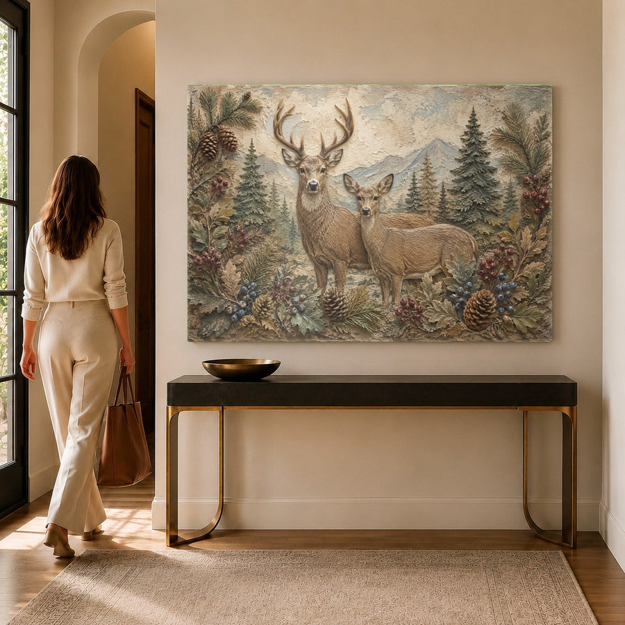 Wildlife tempered glass print of deer family hanging in a cozy wooden cabin bedroom