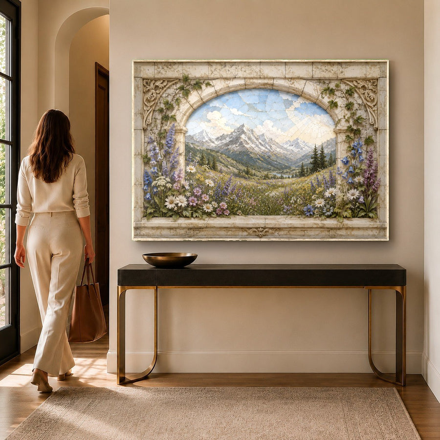 Botanical tempered glass print styled over a dark wood console table in a contemporary entryway.