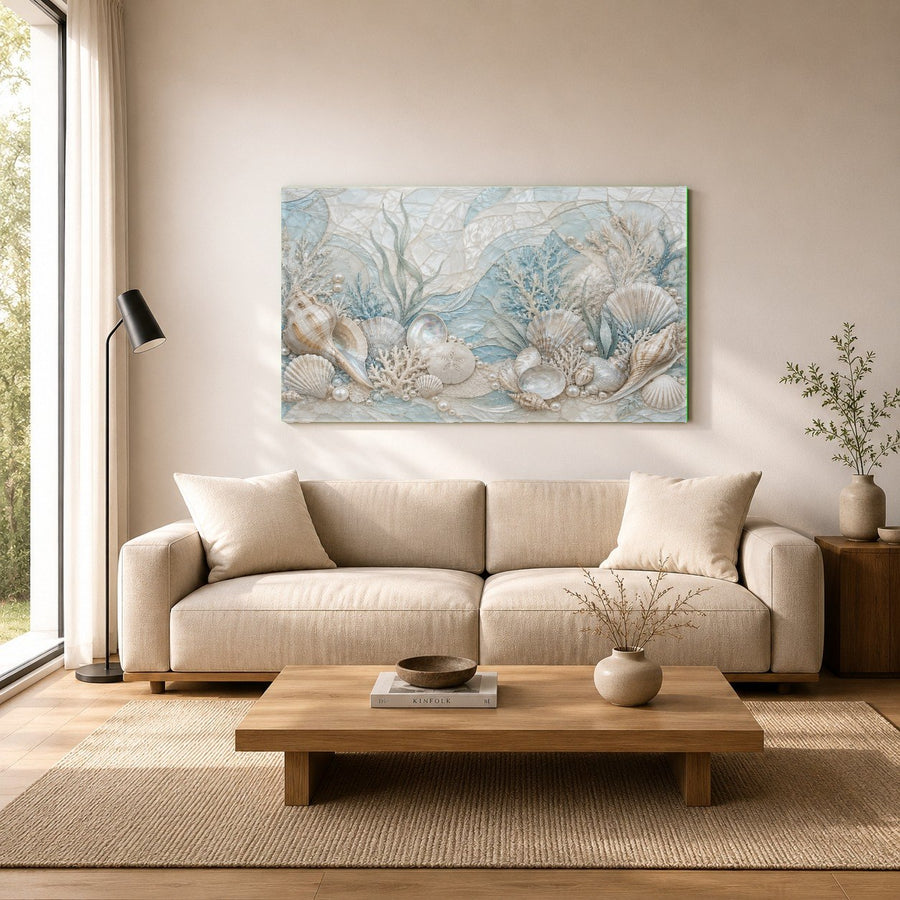 Side angle of a glossy coastal glass print mounted securely in a contemporary coastal living space.