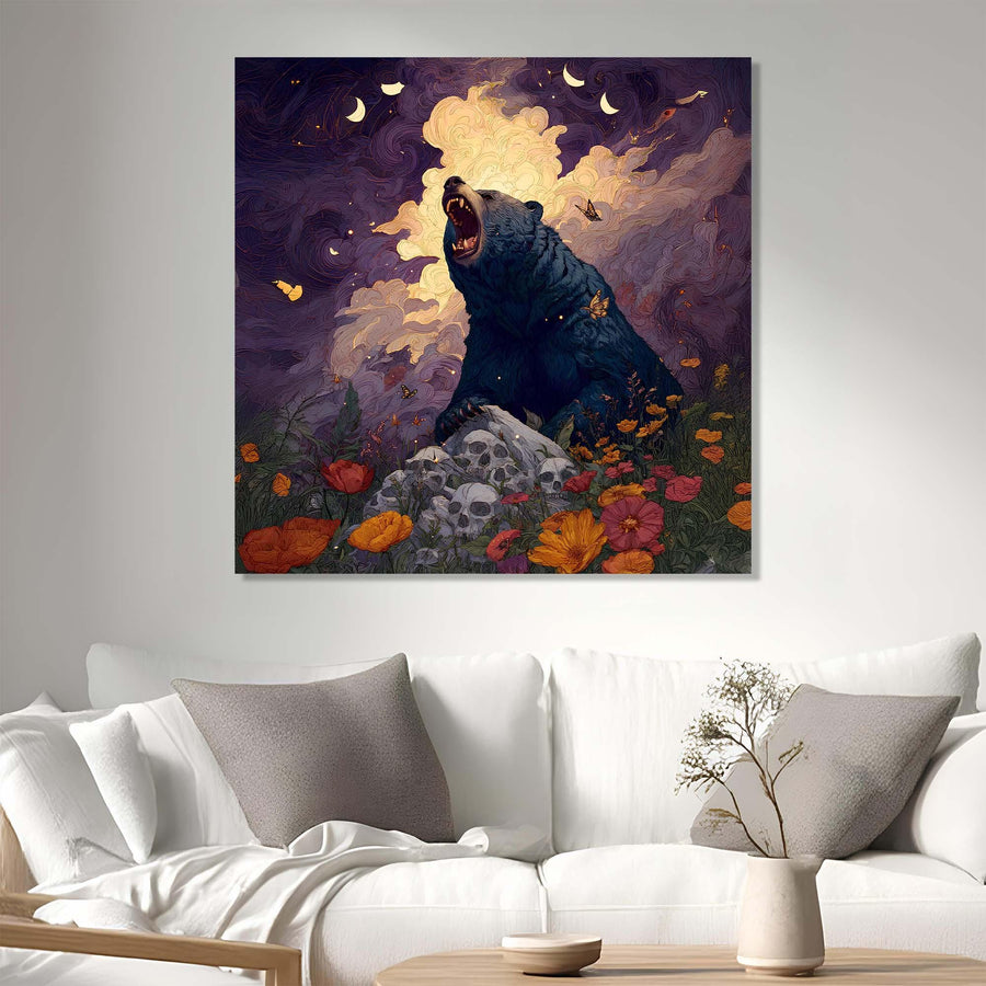 Painting of a bear in a fantasy setting above a white sofa with decorative pillows.