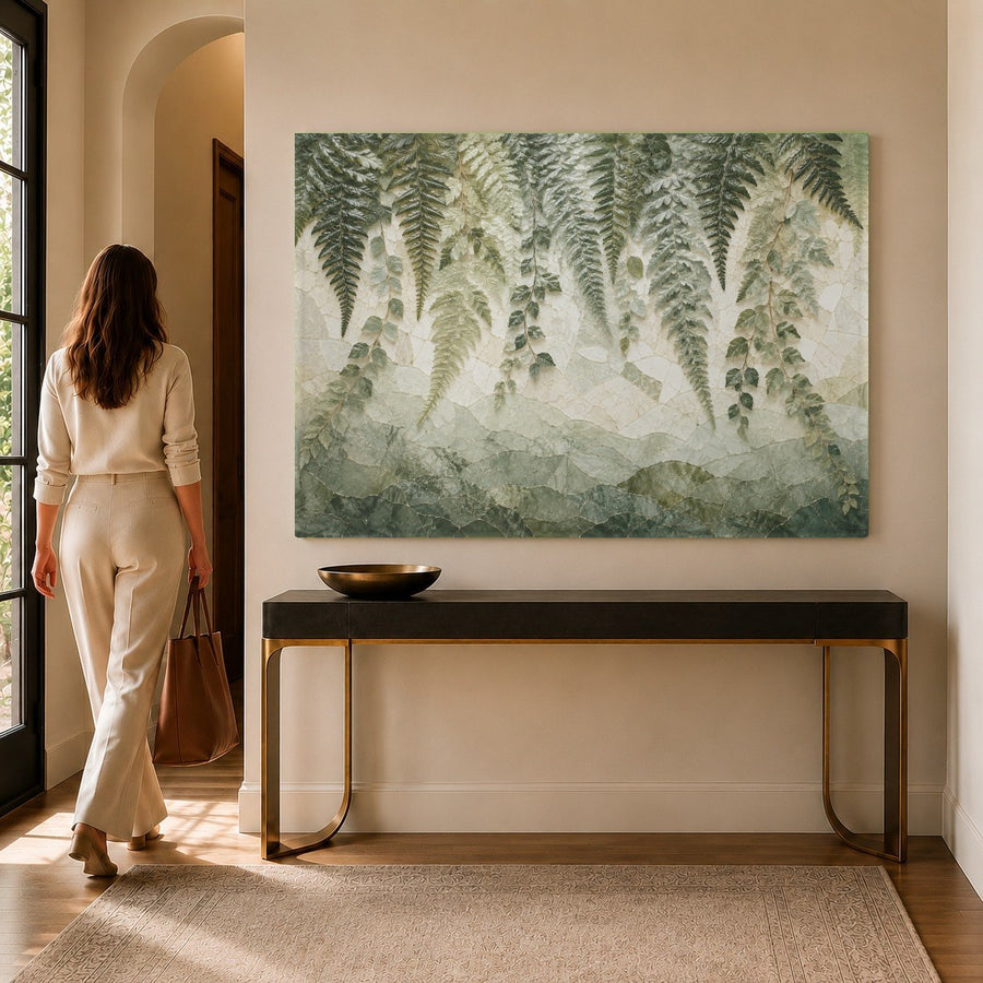 Mystical northern lights glass print mounted on a dark green accent wall in a contemporary bedroom.