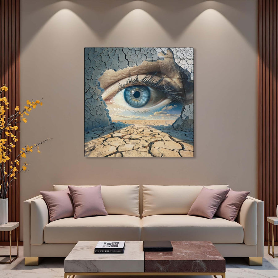 Modern living room with a large abstract painting of an eye on the wall above a beige sofa.