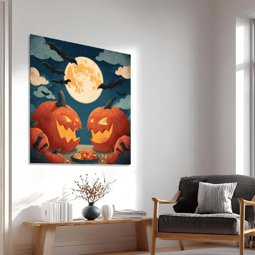 Halloween-themed artwork with carved pumpkins, a full moon, and bats on a dark blue background.