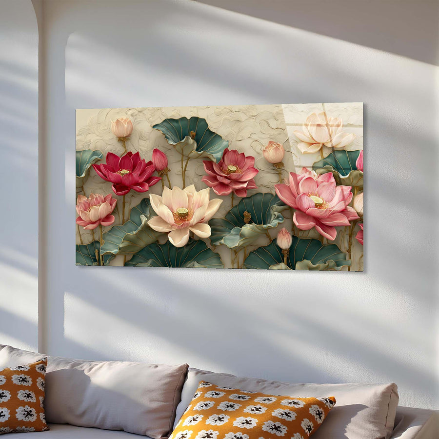 Decorative wall art of lotus flowers on a white wall above a sofa.