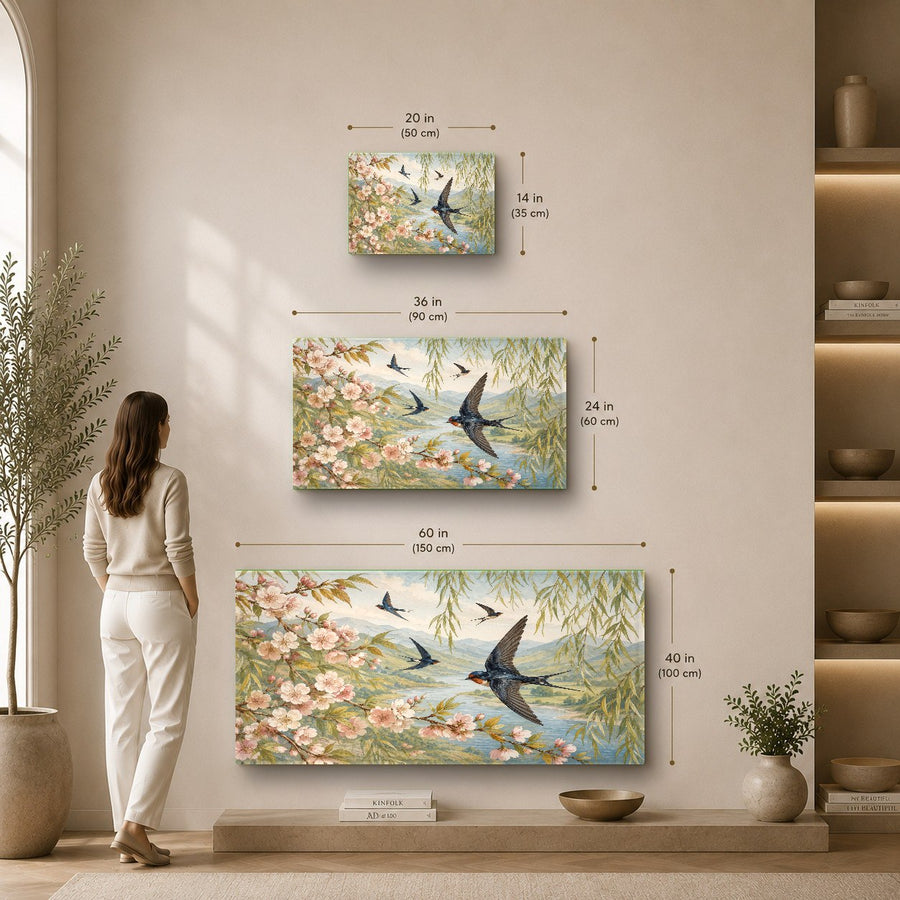 Scenic flying birds wall art displayed in a modern spa relaxation room
