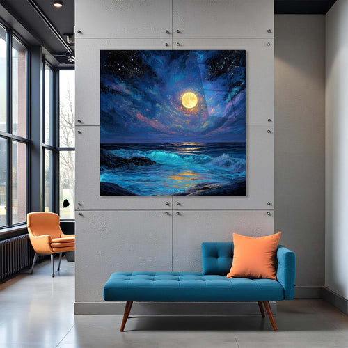 Painting of a moonlit night over the ocean with stars in the sky.