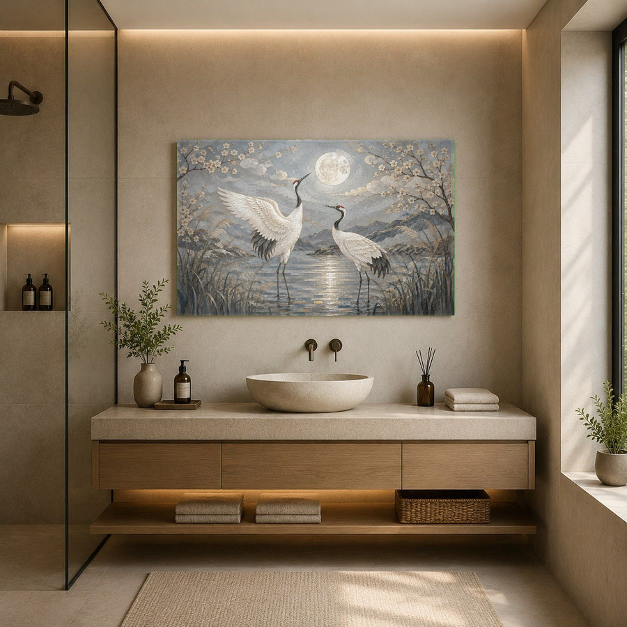 Luxury hotel lobby decorated with a stunning, luminous Moonlit Heron tempered glass art installation.