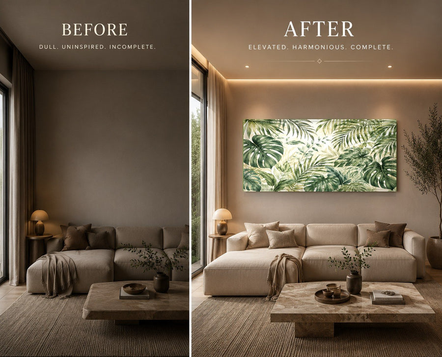 A modern dining room featuring a large-scale botanical glass print on a dark accent wall, styled with wooden furniture.